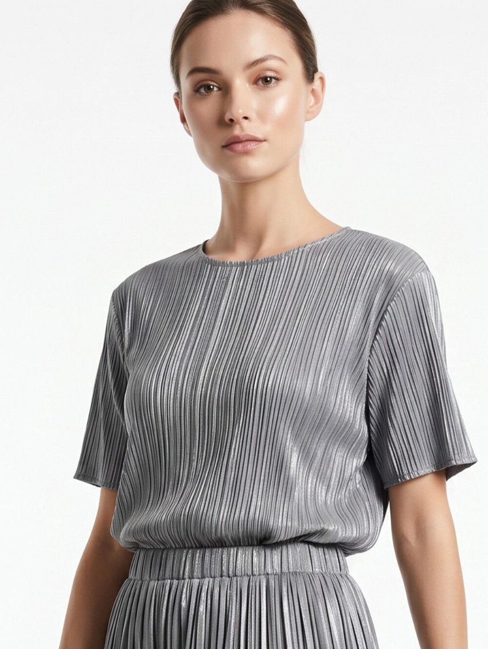 Calvin Klein Metallic Silver Pleated Short-Sleeve Blouse ONLY